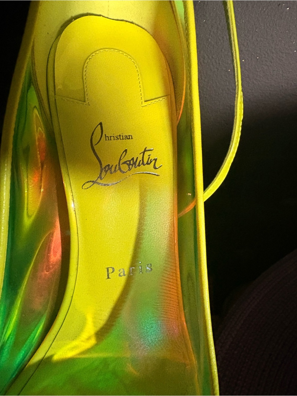 Christian Louboutin Neon Yellow Iridescent Pointed-Toe Ankle-Strap Heels - Picture 10 of 14